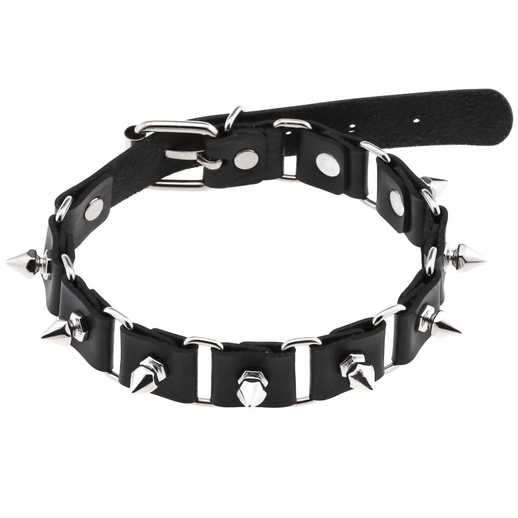 Goth Punk Spike Choker - Collier en cuir noir ras du