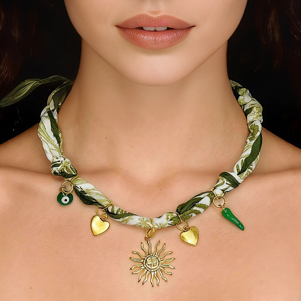 Pearl Choker Necklace Vintage - Collier écharpe à breloques soleil doré,